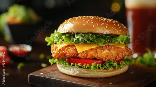 Delicious crispy chicken burger with lettuce, tomatoes and cheese on a wooden board..