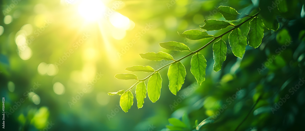 Sunbeams shining through green leaves in a forest. Sunbeams shining through green leaves in a forest.