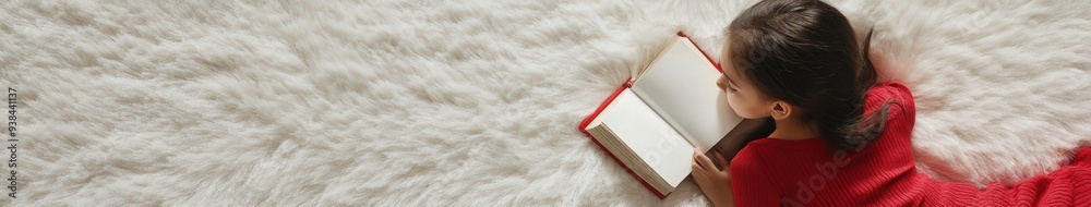 Child reading a book on a soft, white rug in a cozy indoor setting Child reading a book on a soft, white rug in a cozy indoor setting