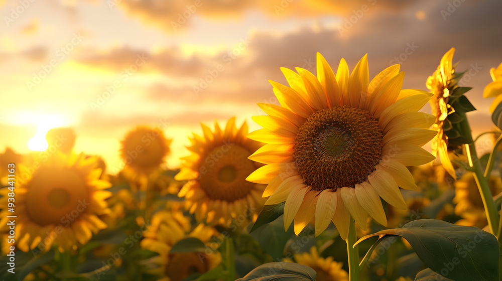 Obraz premium Sunflowers in a field at sunset.