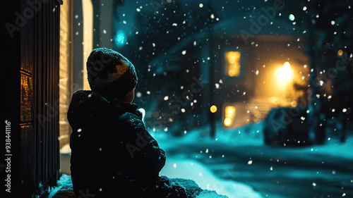 The child is sad and daydreaming alone on Christmas Eve
