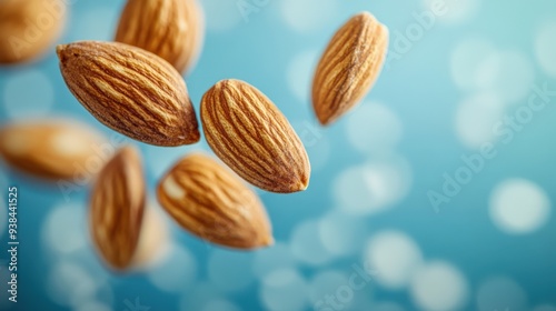 Almonds in Motion with Blue Backdrop