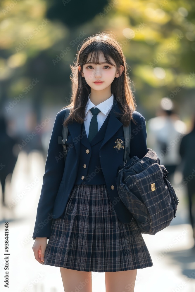Young student in uniform walking through a vibrant school campus in autumn Young student in uniform walking through a vibrant school campus in autumn