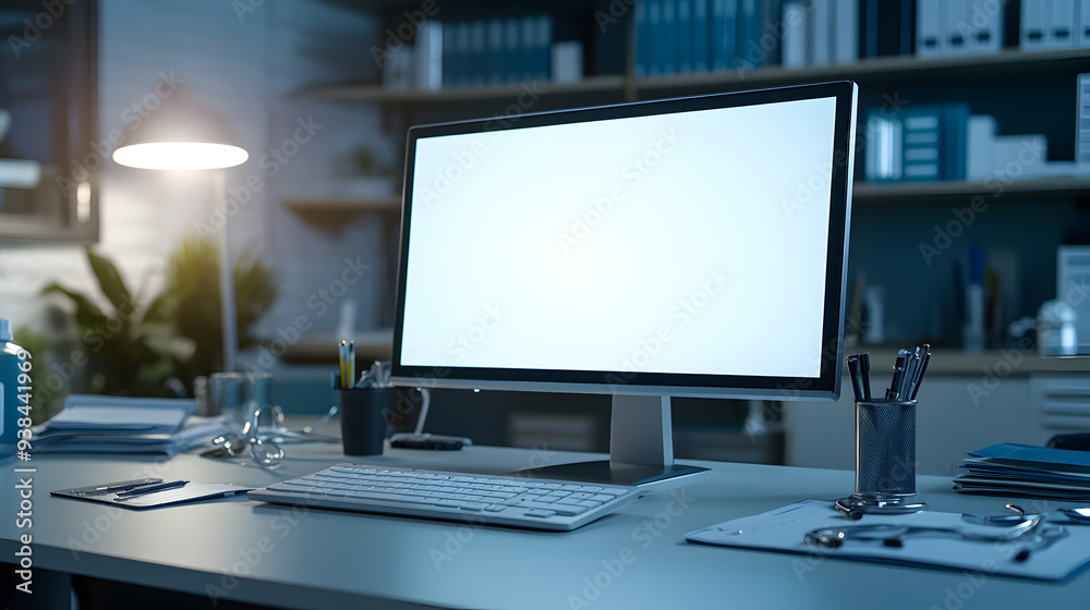 A clean, modern computer with a blank screen sits on a desk in a doctor's office. A clean, modern computer with a blank screen sits on a desk in a doctor's office.