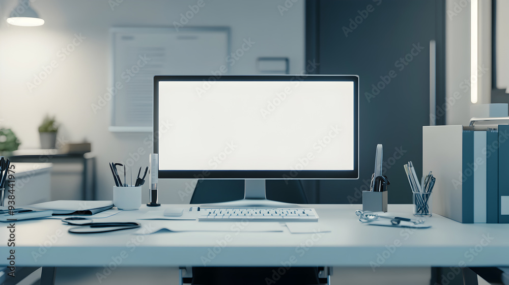 A clean, modern office desk with a computer monitor, keyboard, mouse, and office supplies. A clean, modern office desk with a computer monitor, keyboard, mouse, and office supplies.
