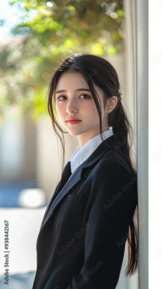 Young woman in formal attire stands outdoors during daytime Young woman in formal attire stands outdoors during daytime