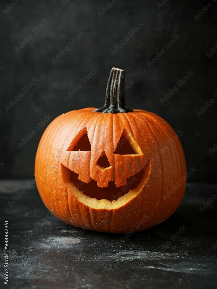 Carved pumpkin with a smiling face displayed for Halloween celebration Carved pumpkin with a smiling face displayed for Halloween celebration