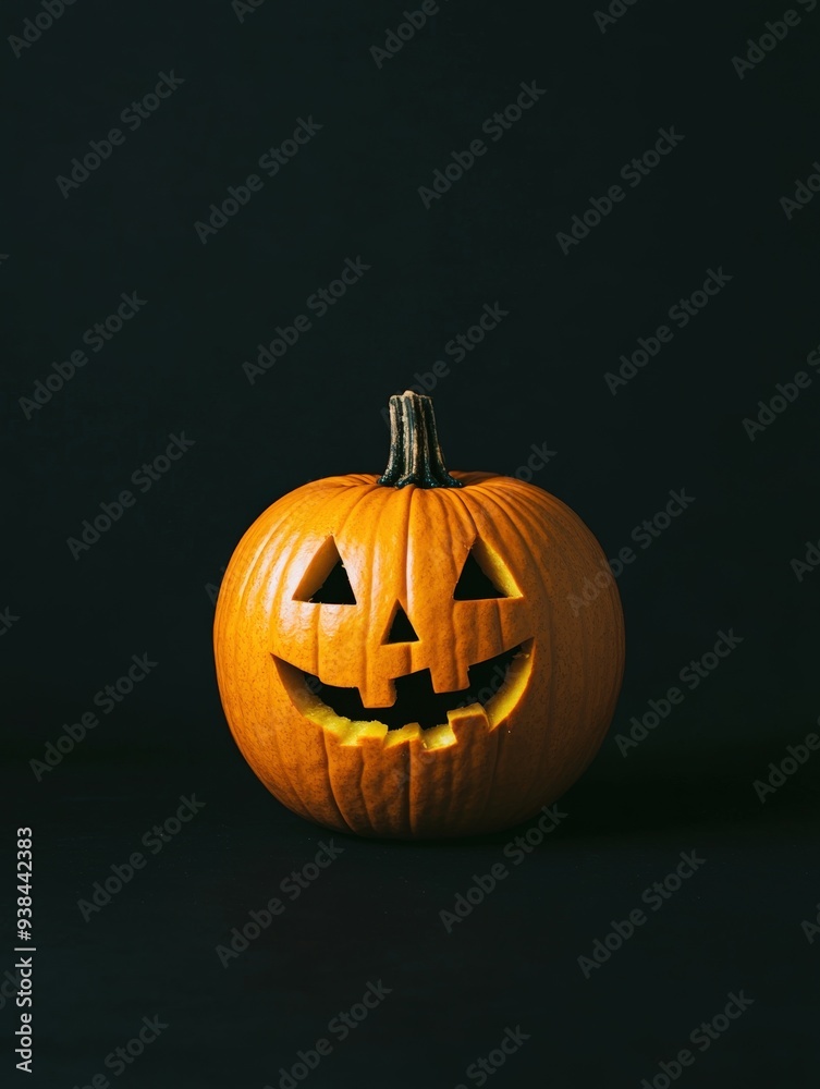 Carved Halloween pumpkin with a joyful expression against a dark background Carved Halloween pumpkin with a joyful expression against a dark background