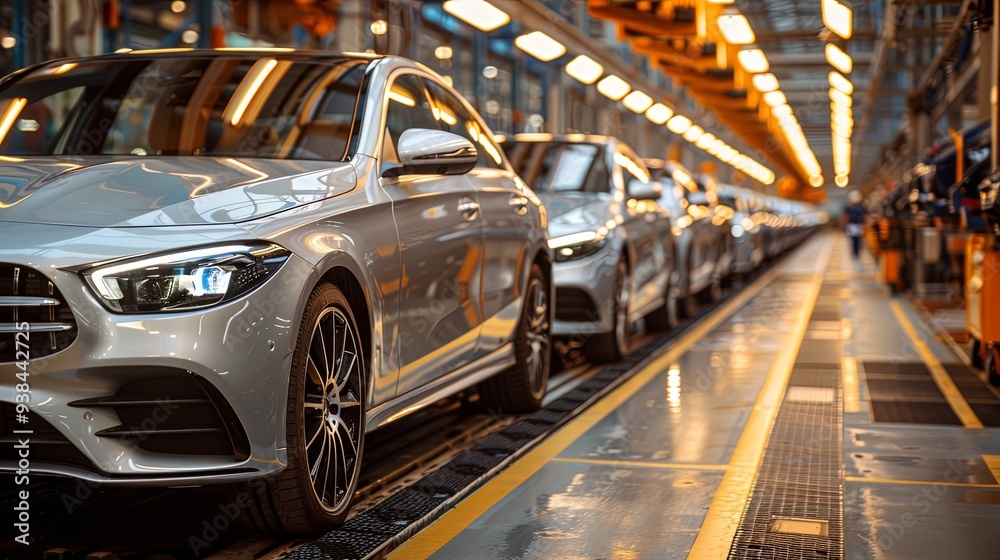 Line of silvery cars moving steadily on an assembly line within a high-tech manufacturing plant, highlighting the modern technology and precision in automotive production. Line of silvery cars moving steadily on an assembly line within a high-tech manufacturing plant, highlighting the modern technology and precision in automotive production.