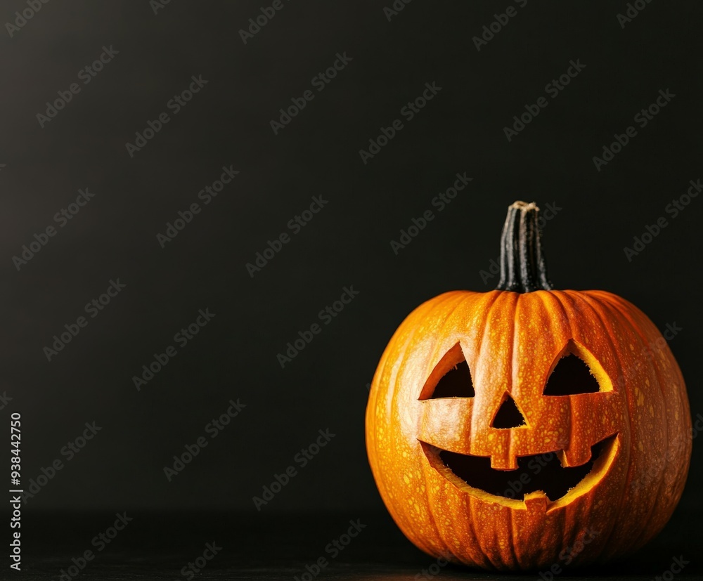 Brightly lit pumpkin jack-o'-lantern on a dark background for Halloween