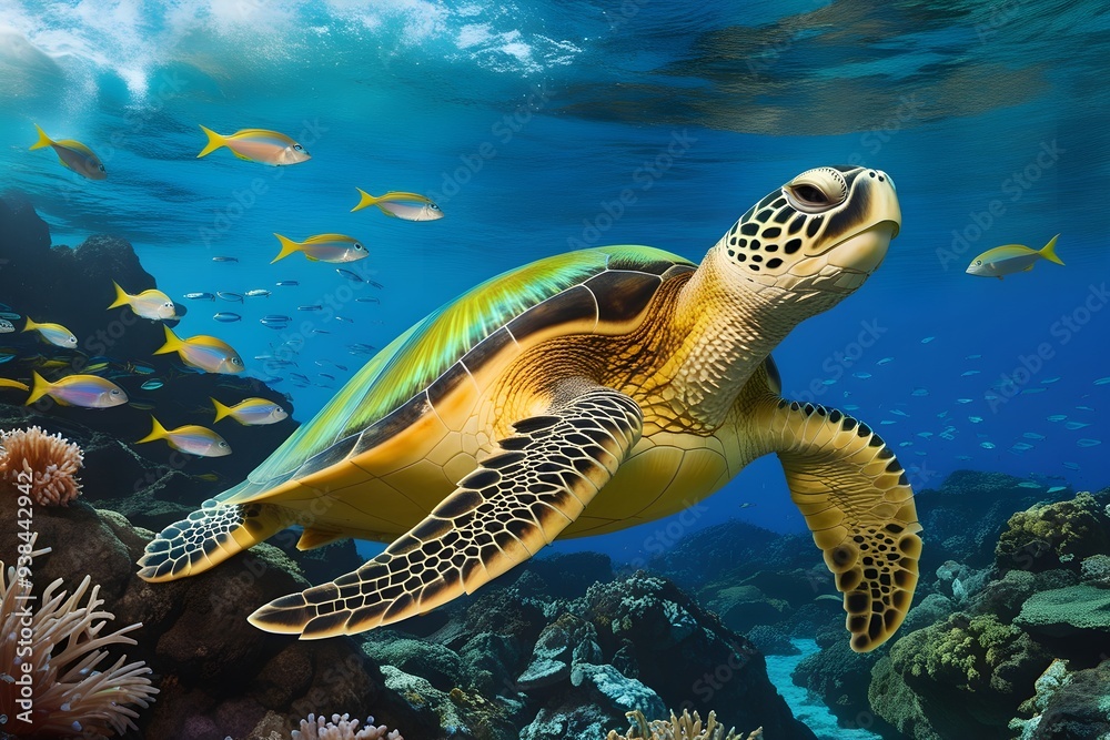 Obraz premium A majestic endangered hawallan green sea turtle