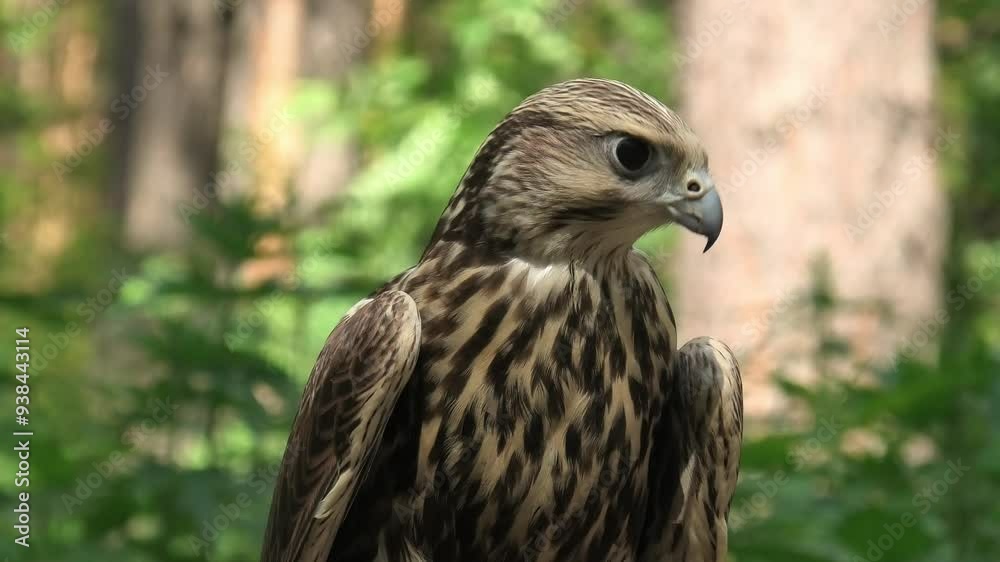 Saker falcon in the summer forest, green plants in a background (Falco cherrug) Saker falcon in the summer forest, green plants in a background (Falco cherrug)