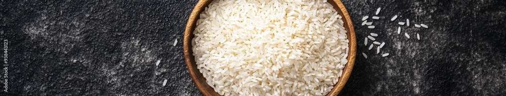 Bowl of uncooked white rice on a textured dark surface Bowl of uncooked white rice on a textured dark surface