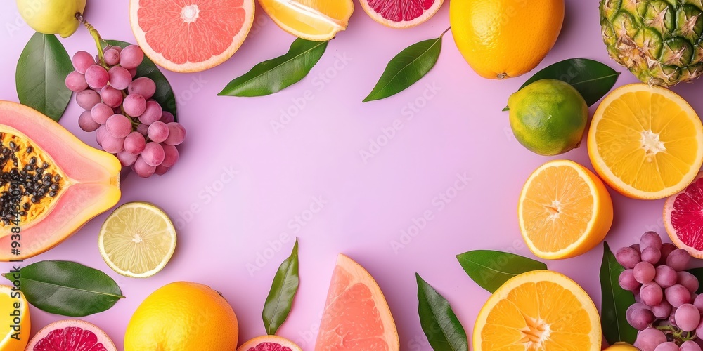 Colorful Fruits and Green Leaves Surrounding a Purple Background. Colorful Fruits and Green Leaves Surrounding a Purple Background.
