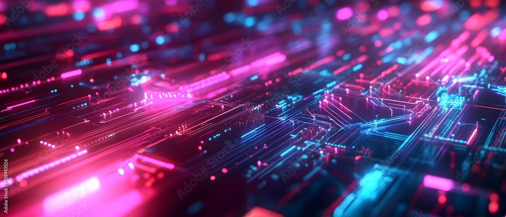 Abstract glowing pink and blue circuit board with digital lines.
