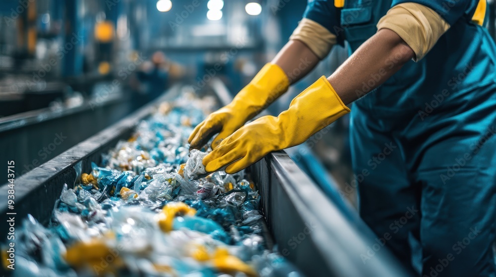 A person wearing yellow gloves is sorting through a pile of trash A person wearing yellow gloves is sorting through a pile of trash