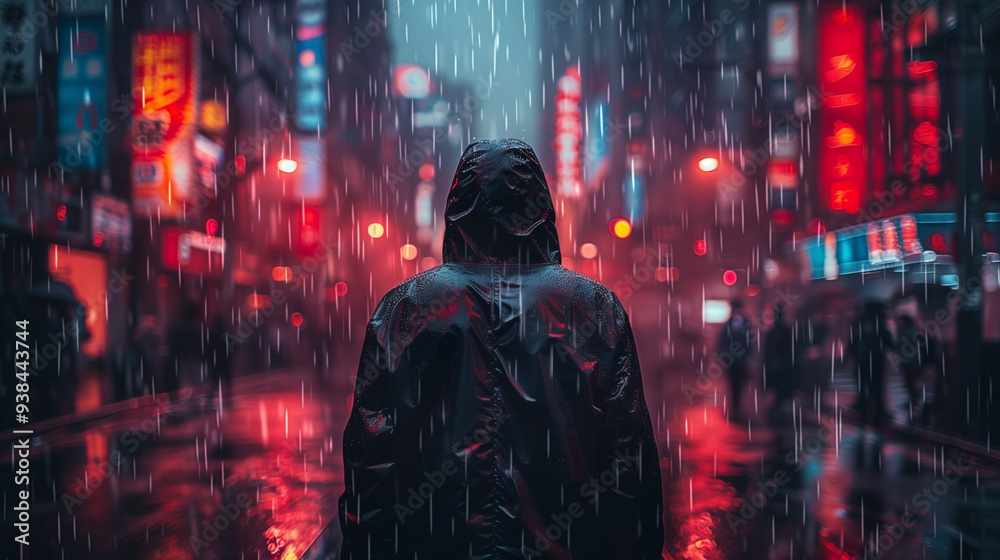Person in a hooded raincoat walking through a neon-lit city at night during rainfall Person in a hooded raincoat walking through a neon-lit city at night during rainfall