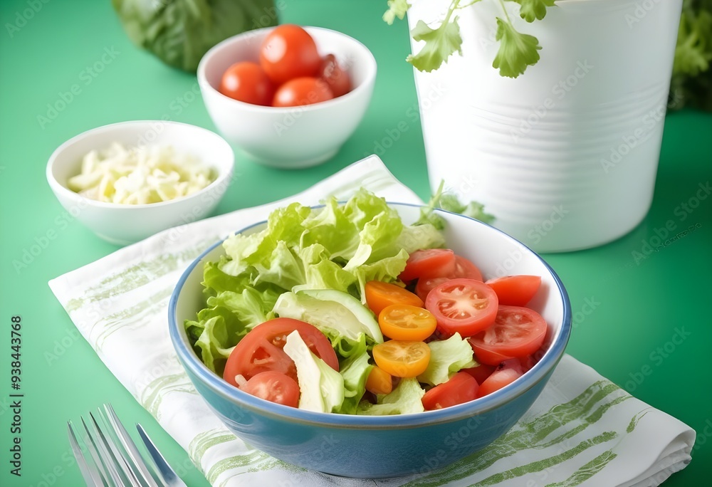 a bowl of tomatoes, lettuce, and tomatoes are on a green table. a bowl of tomatoes, lettuce, and tomatoes are on a green table.