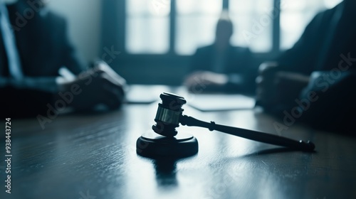 Close-up of a judge's gavel striking on a wooden surface during a courtroom trial, symbolizing justice, law, and the pronouncement of a legal decision. photo