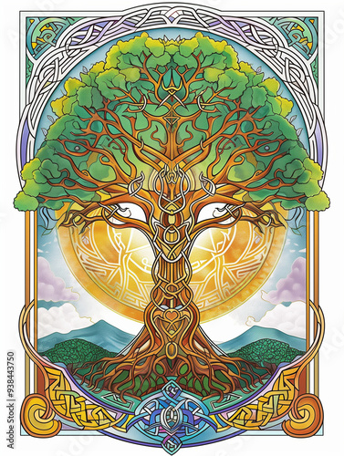 Detailed Celtic Tree of Life with intertwining branches, knotwork, and a radiant sun in the background