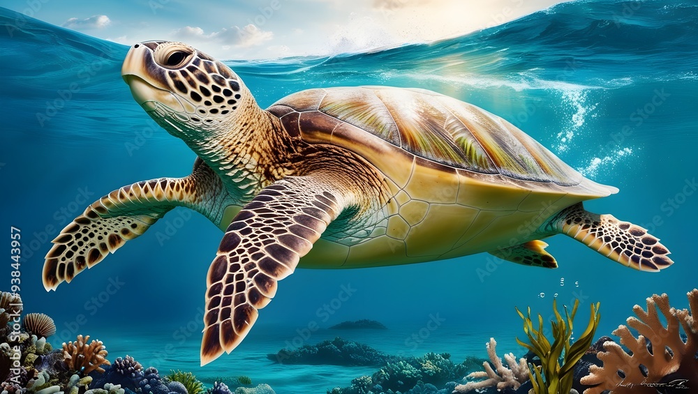 Fototapeta premium A majestic sea turtle glides effortlessly through water