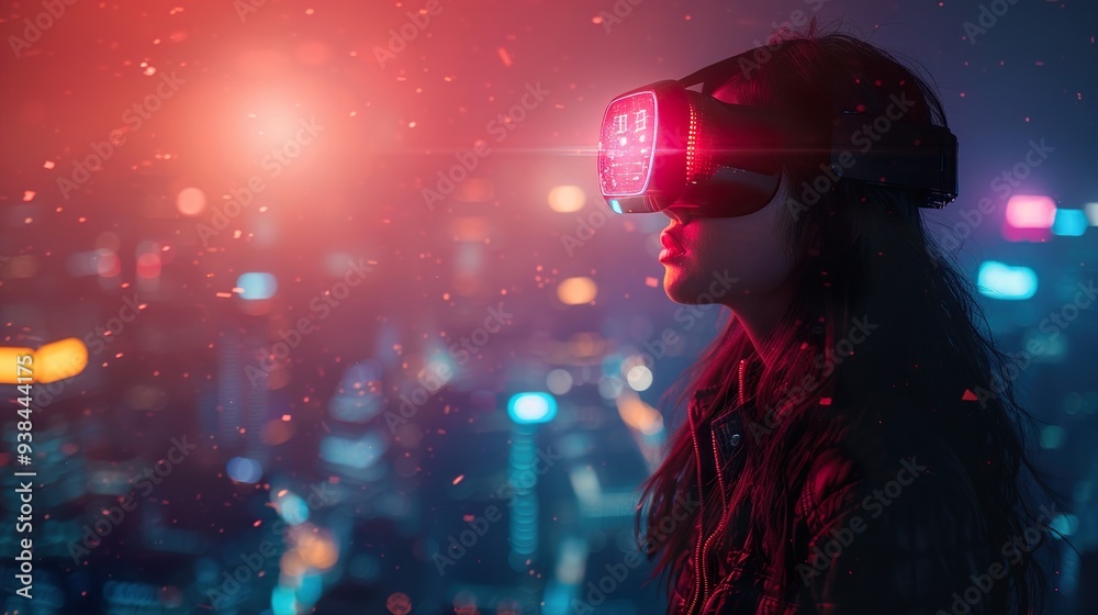 Woman in VR Headset Exploring a Futuristic Cityscape Woman in VR Headset Exploring a Futuristic Cityscape