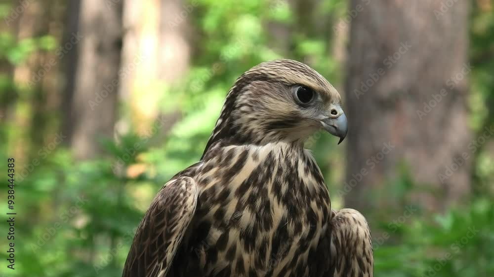 Saker falcon in the summer forest, green plants in a background (Falco cherrug) Saker falcon in the summer forest, green plants in a background (Falco cherrug)
