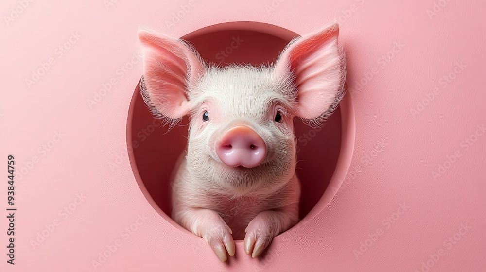 Fototapeta premium A pink piglet peeks through a round hole in a pink wall.