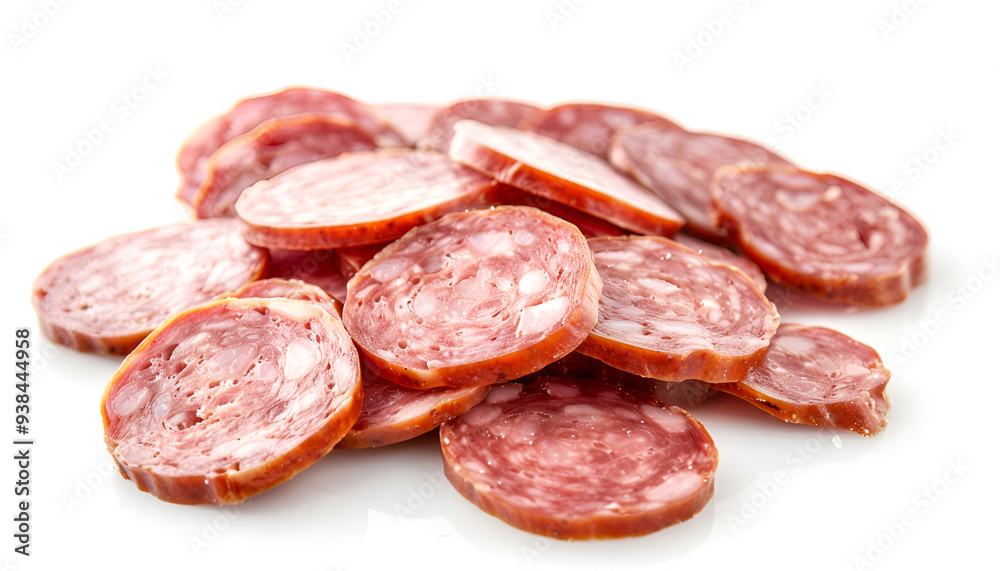 Sausage slices isolated on white background, full depth of field Sausage slices isolated on white background, full depth of field