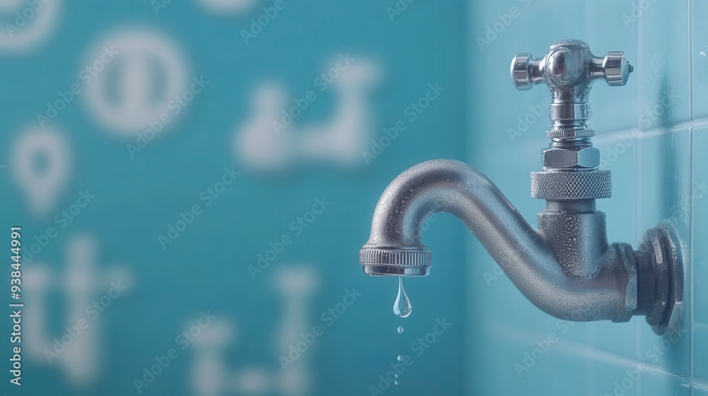 A faucet is elegantly surrounded by various plumbing icons displayed on a vibrant blue background, creating an engaging visual composition A faucet is elegantly surrounded by various plumbing icons displayed on a vibrant blue background, creating an engaging visual composition