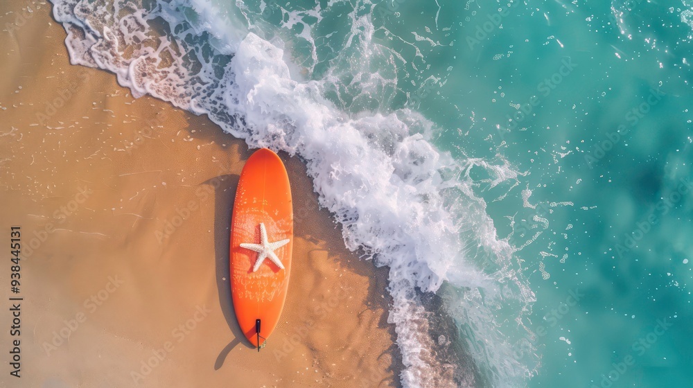 Fototapeta premium An orange surfboard with a starfish on top lies on the sand by the ocean.