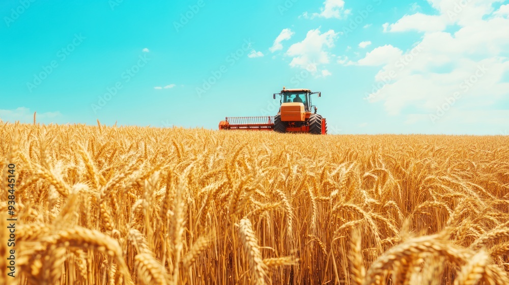 Fototapeta premium Tractor Harvesting Wheat Field