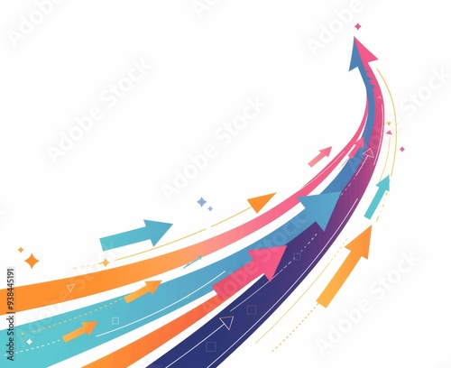 Multiple colorful Arrows Pointing in One Direction with Large Empty Space for Emphasis on White Background