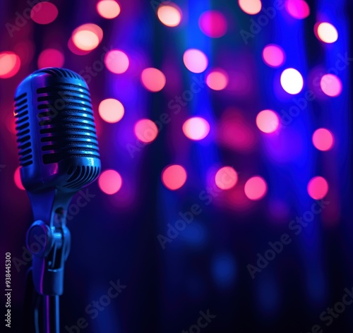 Close-up of a vintage microphone against a vibrant background of blue and pink bokeh lights, evoking a karaoke or performance atmosphere.