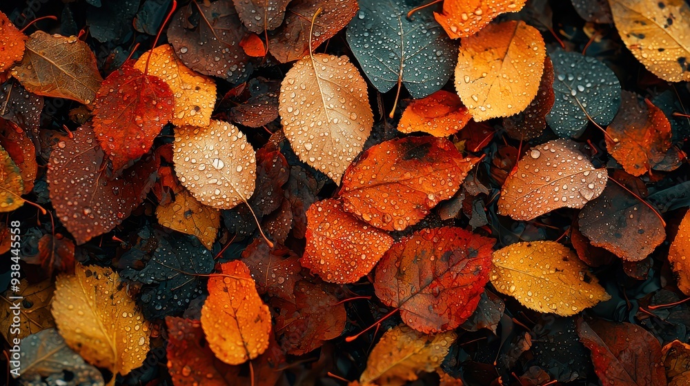 Top-down, high-angle shot of dew-covered autumn leaves scattered on the ground. The scene features intricate details with vibrant warm colors illuminated by golden hour sunlight Top-down, high-angle shot of dew-covered autumn leaves scattered on the ground. The scene features intricate details with vibrant warm colors illuminated by golden hour sunlight