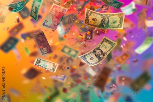 Colorful cash floats in the air creating a festive atmosphere. This vibrant image captures the joy of abundance and prosperity. Perfect for financial themes. Generative AI