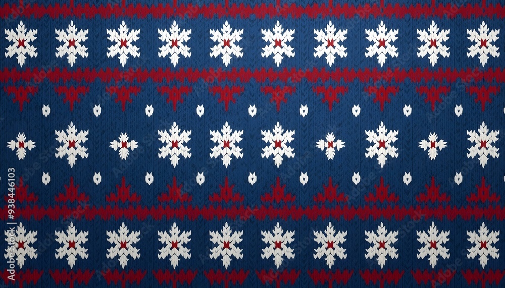 A seamless knitted pattern with snowflakes and geometric shapes in shades of blue, red, and white A seamless knitted pattern with snowflakes and geometric shapes in shades of blue, red, and white