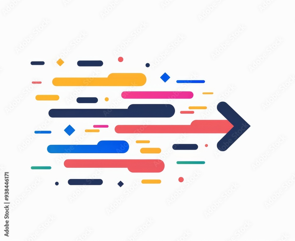 Minimalist Illustration of a Right-Pointing Arrow with Colorful Lines Leading Towards It on a White Background Minimalist Illustration of a Right-Pointing Arrow with Colorful Lines Leading Towards It on a White Background