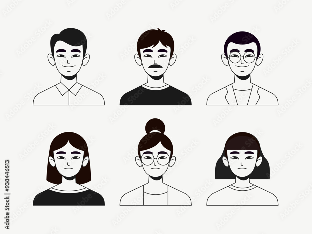 Fototapeta premium Minimalist Black and White Avatar Illustrations – Diverse Characters
