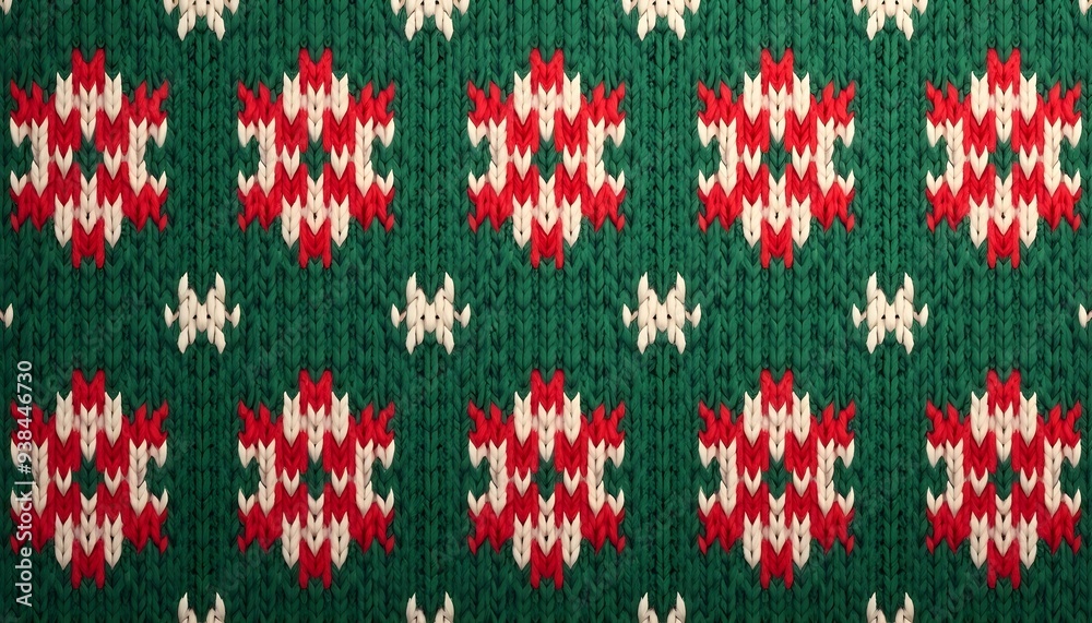 A seamless knitted pattern with snowflakes and geometric shapes in shades of green, red, and white A seamless knitted pattern with snowflakes and geometric shapes in shades of green, red, and white