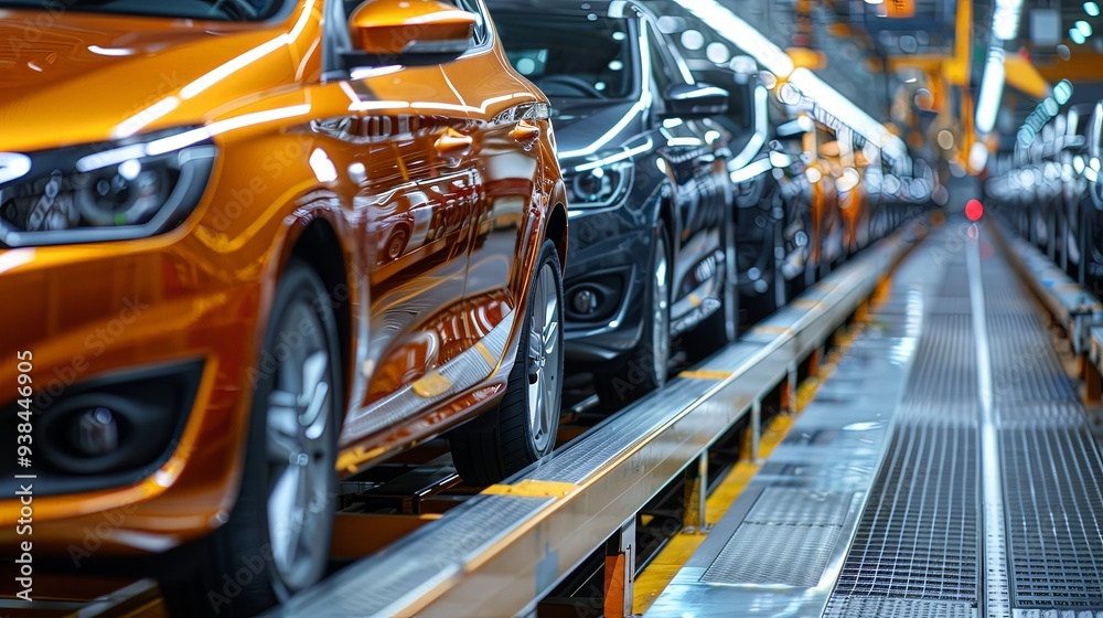 A row of orange and black cars on a brightly lit modern production line, showcasing the assembly process and manufacturing efficiency in a high-tech automobile factory. A row of orange and black cars on a brightly lit modern production line, showcasing the assembly process and manufacturing efficiency in a high-tech automobile factory.