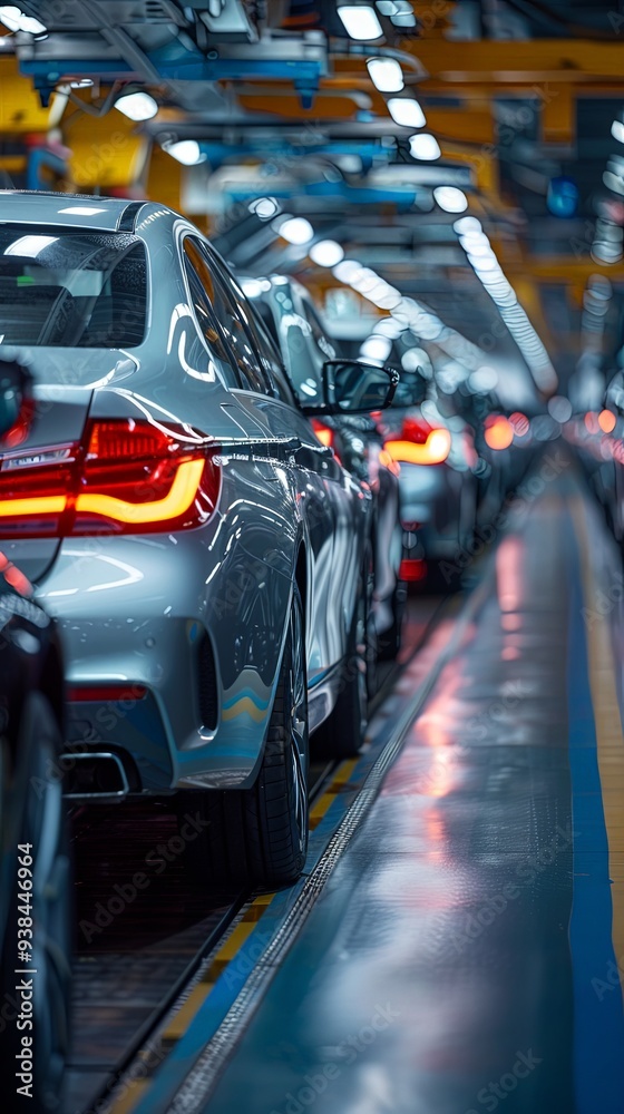 A neatly aligned row of sleek silver cars inside a modern automotive factory, highlighting the precision engineering and meticulous assembly involved in car manufacturing. A neatly aligned row of sleek silver cars inside a modern automotive factory, highlighting the precision engineering and meticulous assembly involved in car manufacturing.