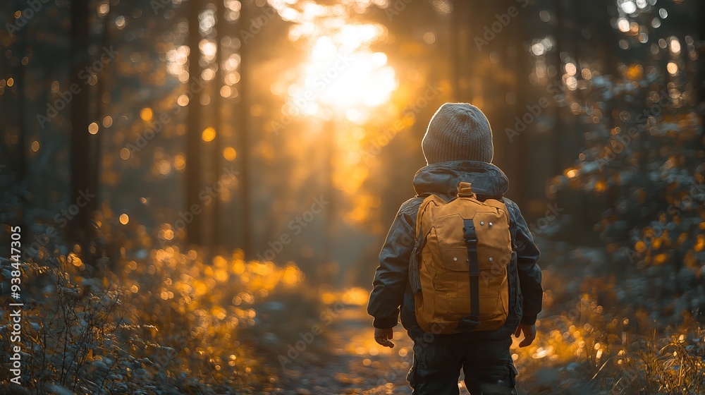 Child wearing a yellow backpack and a beanie stands on a forest path, illuminated by warm sunlight Child wearing a yellow backpack and a beanie stands on a forest path, illuminated by warm sunlight