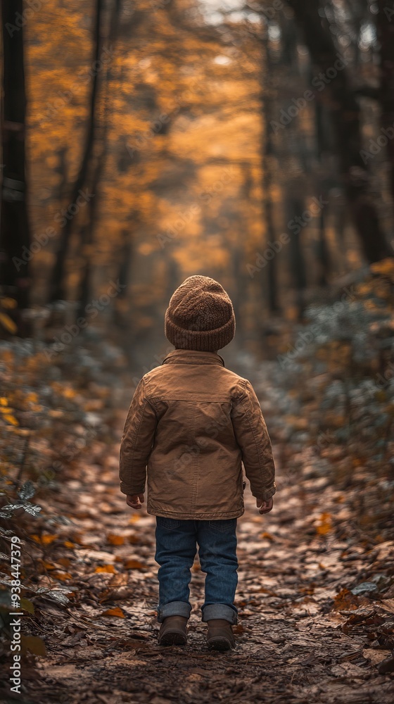 Child in a brown jacket and hat stands on a leaf-covered path in an autumn forest, facing away Child in a brown jacket and hat stands on a leaf-covered path in an autumn forest, facing away