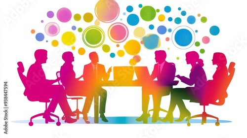 Diverse professionals gather around a conference table for creative brainstorming while colorful abstract images depicting innovative ideas and collaborative efforts are displayed above them