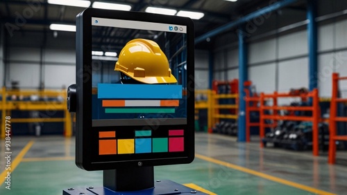 monitor sign safety factory industry program technology in wearhouse and helmet.
