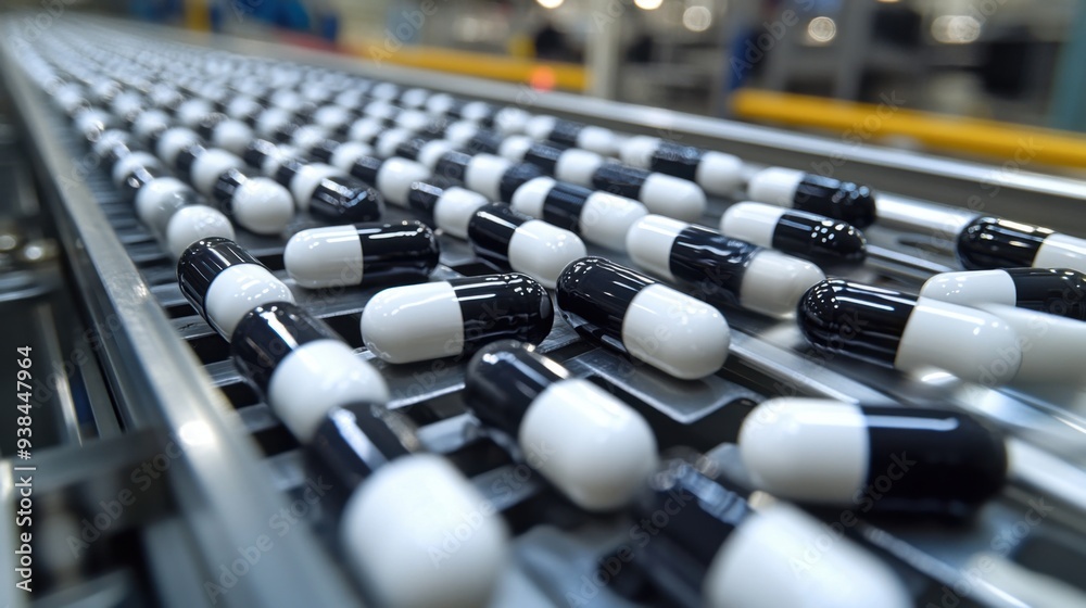 Black and white capsules on automated conveyor in a pharmaceutical production facility. industrial medicine manufacturing. Black and white capsules on automated conveyor in a pharmaceutical production facility. industrial medicine manufacturing.
