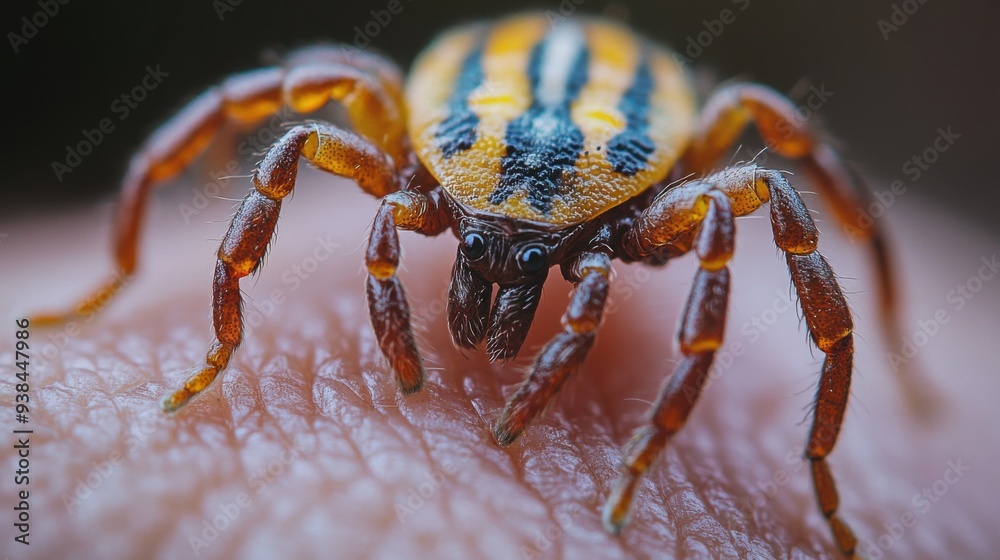 Fototapeta premium Close-up of spider with striped body on human skin, showcasing detailed leg and hair texture.