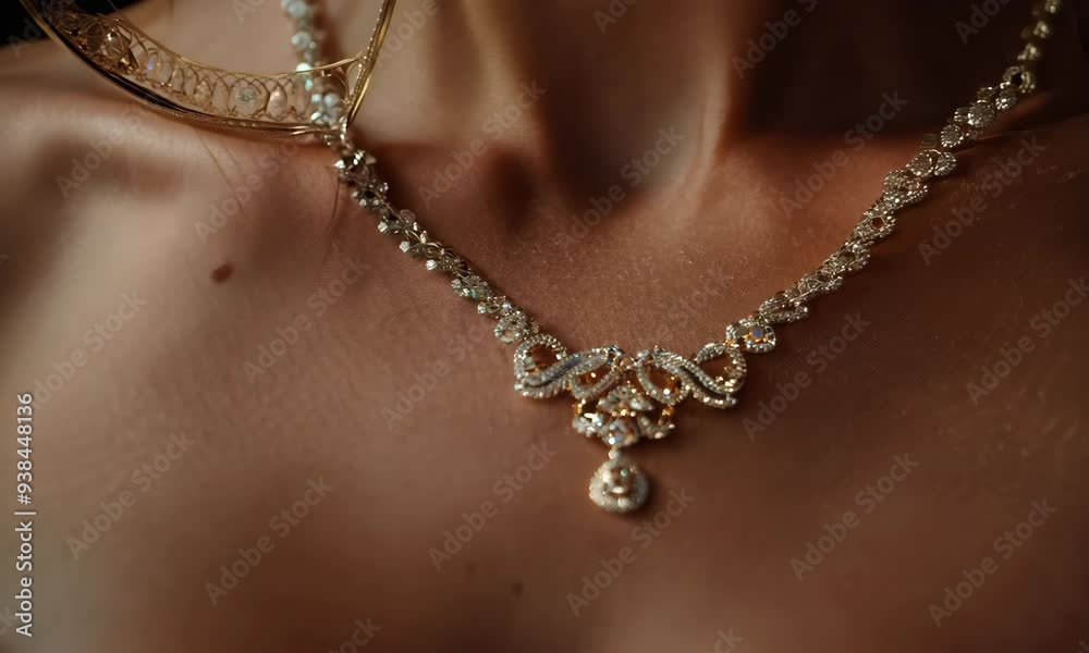 Elegant close-up of a luxurious necklace adorning a bridal gown Elegant close-up of a luxurious necklace adorning a bridal gown