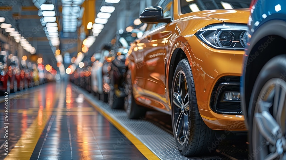 An orange car in an advanced automotive assembly line, showcasing modern production methods and the meticulous attention to detail involved in contemporary car manufacturing. An orange car in an advanced automotive assembly line, showcasing modern production methods and the meticulous attention to detail involved in contemporary car manufacturing.